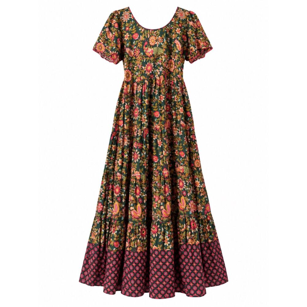 Natural Life Floral Tiered Maxi Dress M Green Boho Cottagecore Rayon Prairie